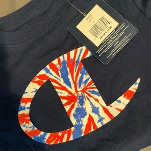 Navy champion shirt with red,white and blue logo